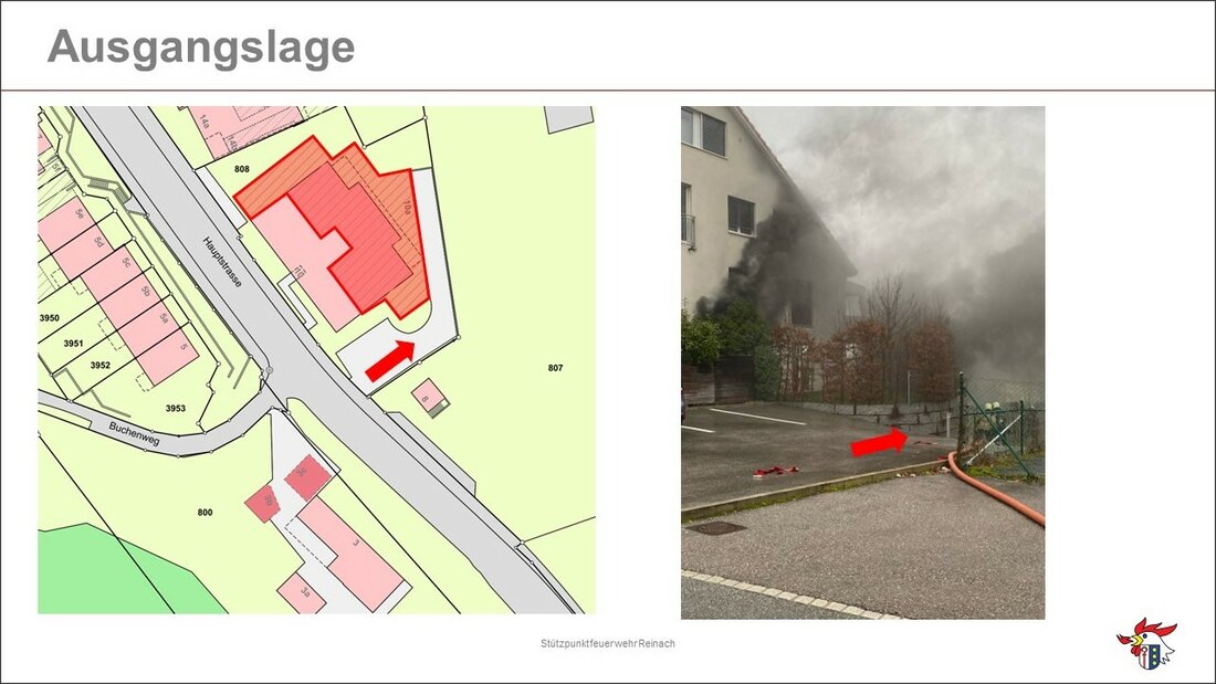 Map and photo of the initial situation at the underground car park fire in Aesch (CH)