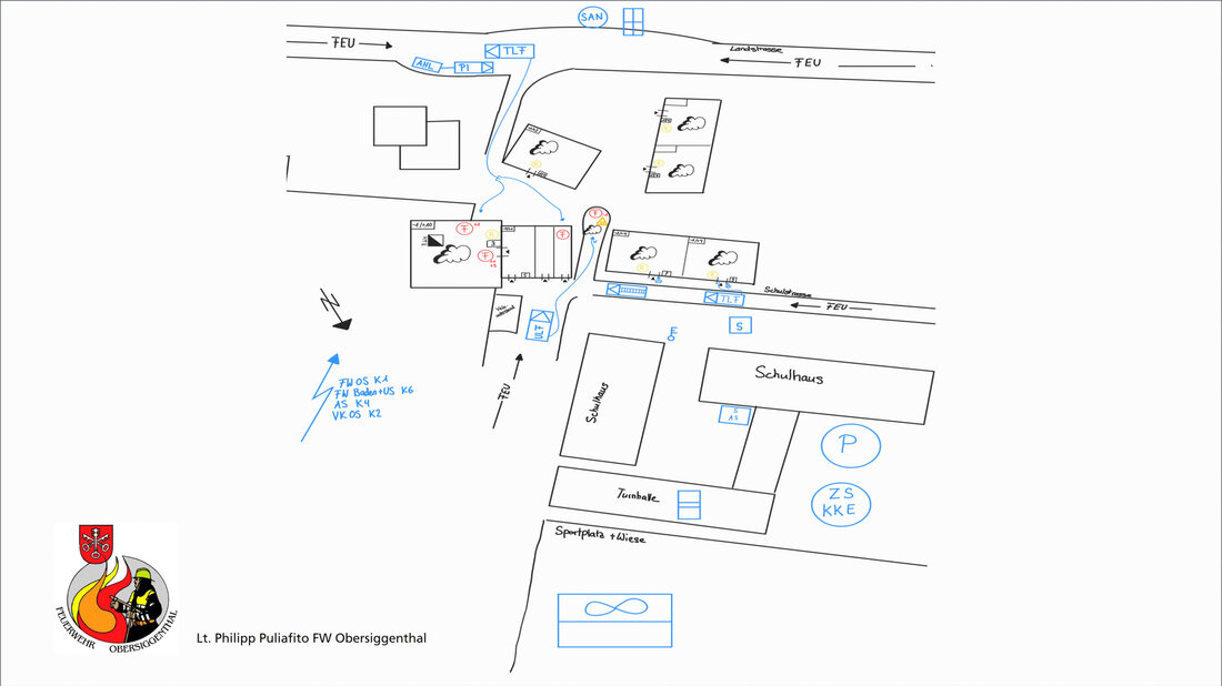 Situation sketch of Nussbaumen with marked fire locations and the spread of smoke